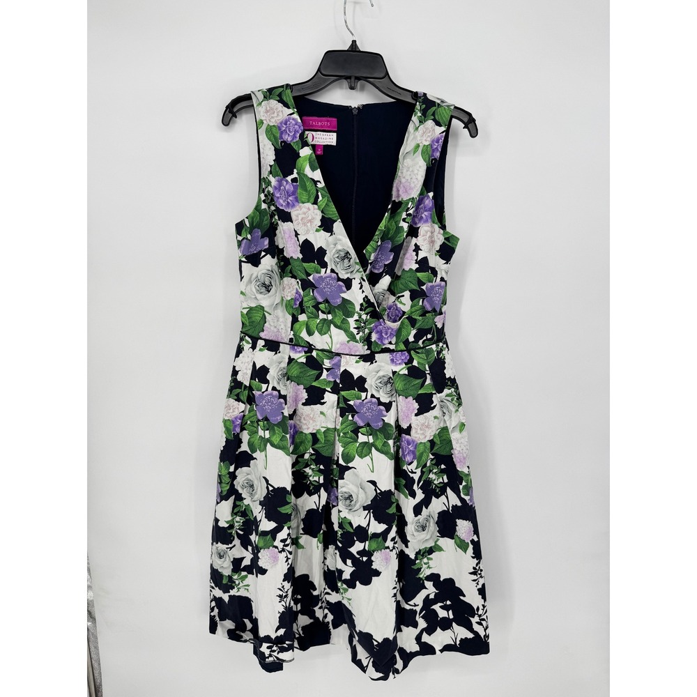 Talbots Floral Fit Flare Dress Size 12 Purple White Good Oprah Collection Pocket